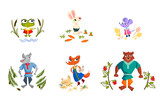 Fox, wolf, hare, mouse, bear, frog cute characters without outline on a white background in isolation