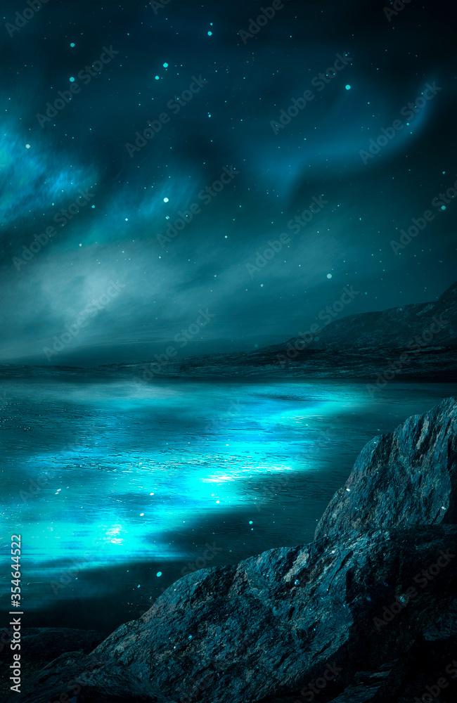 Modern futuristic fantasy night landscape with abstract islands and night sky with space galaxies. Multicolor neon glow. Reflection of light in water, stars. Empty scene, landscape.