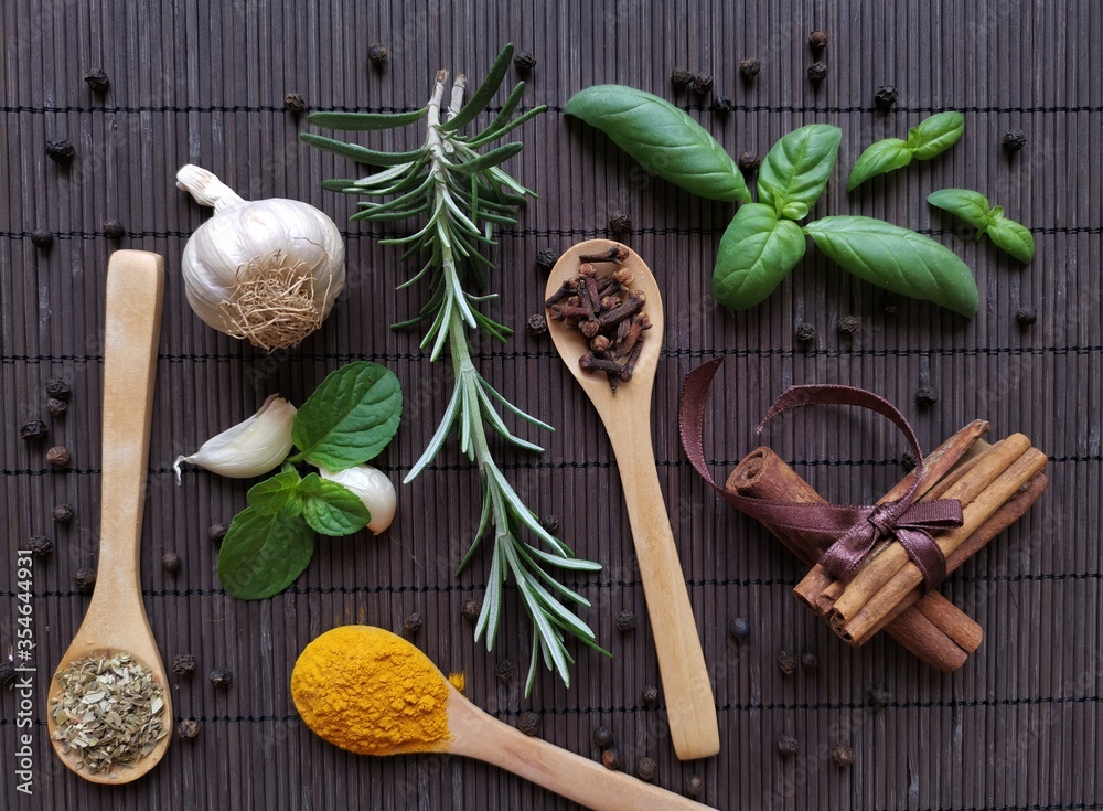 Herbs and spices rich in antioxidant. Various herbs and spices as