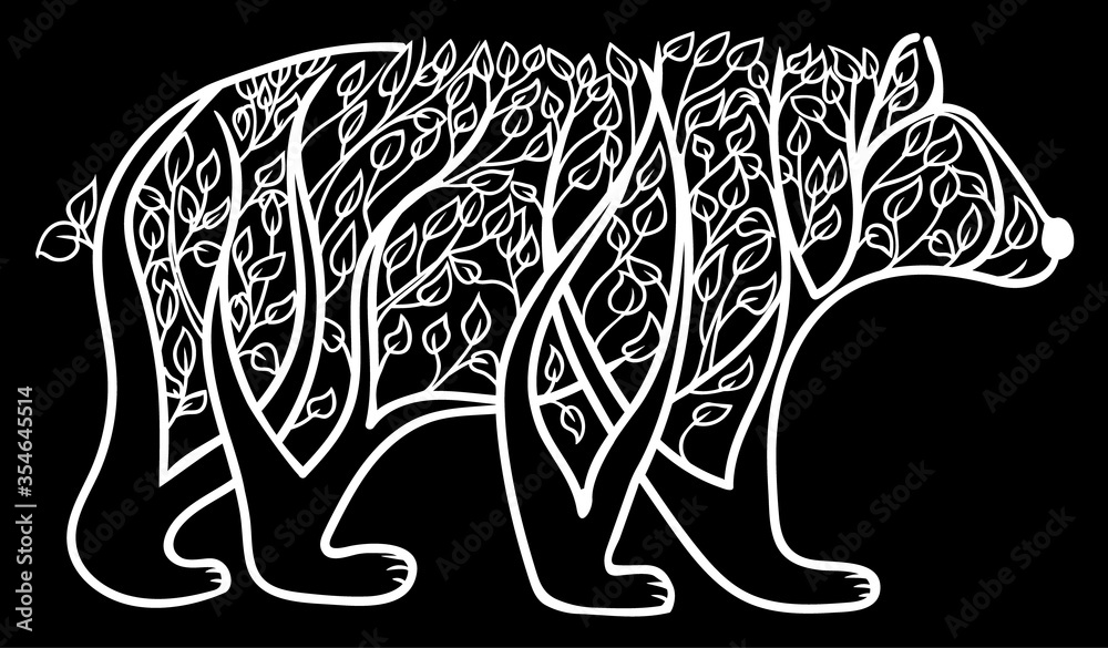 Fototapeta premium Illustration. Silhouette of a bear from trees on a black background. Coloring book. Antistress for adults and children. The work was done in manual mode. Black and white.