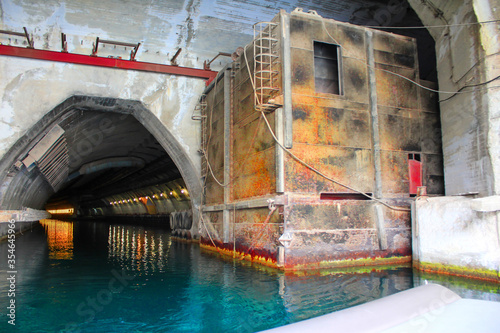 Balaklava, Crimea. Military object, underground submarine base and weapons during the Cold War. Underwater Channel in the grotto, where to hide submarines