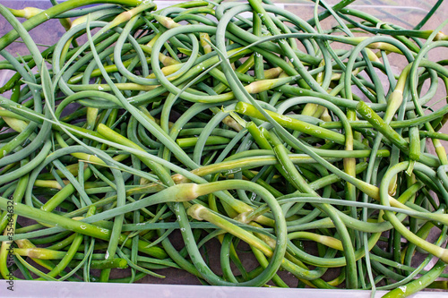 Garlic arrows, fresh cut, in a rectangular container. Green, twisted in a spiral, with seeds at the tip in the form of a box.