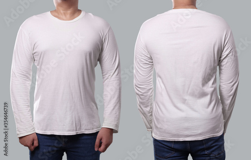 Anonymous male model wear white long sleeve t-shirt isolated on grey background, front and back design for mock up template copy space