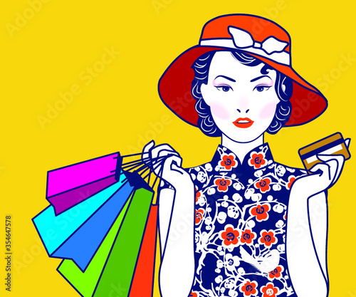 Vector of Chinese Vintage Lady Holding Shopping bag and Credit Card.