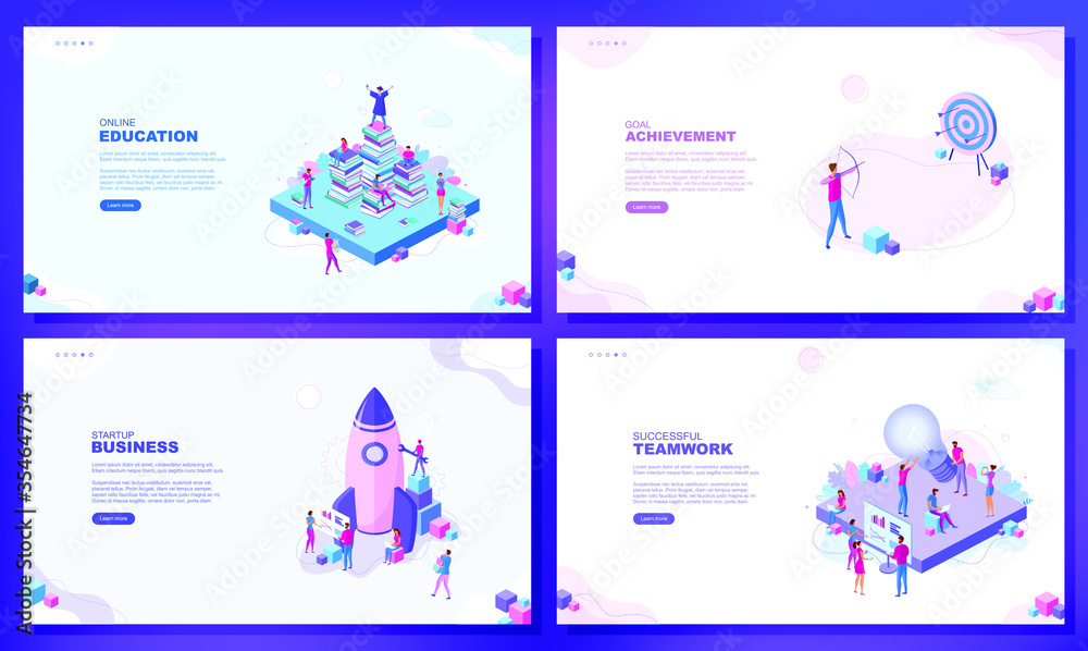 Trendy flat illustration. Set of web page concepts. Online education. Goal achievement. Startup business. Successful teamwork.  Template for your design works. Vector graphics.