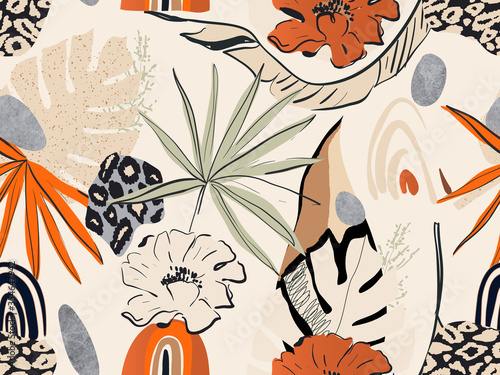 Hand drawn abstract jungle pattern with leopard print. Creative collage contemporary seamless pattern. Natural colors. Fashionable template for design.