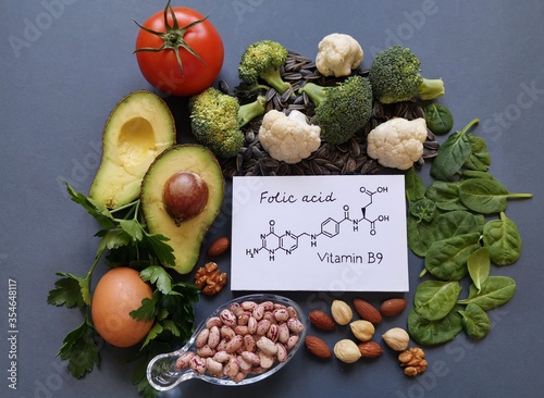 Foods rich in folic acid (vitamin B9) with structural chemical formula of folic acid. Natural food sources of vitamin B9: avocado, cauliflower, broccoli, eggs, tomato, spinach, beans, nuts, parsley.