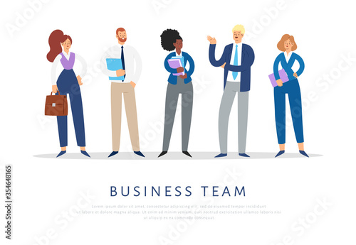 Set of business people. Businessmen and businesswomen cartoon characters. Office team, multicultural collective workers, entrepreneurs. Men and women in suits standing together. Vector illustration © Margaret