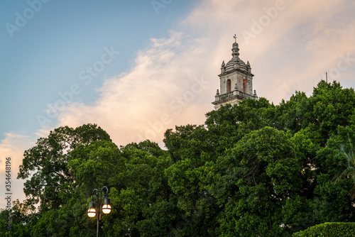 Tree lined central square Plaza Grande and a tower of the cathedral, Merida, Yucatan, Mexico