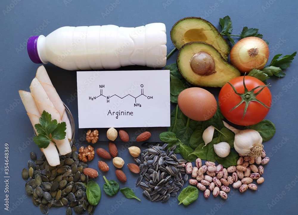 Foods rich in arginine with structural chemical formula of arginine