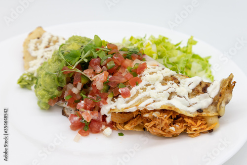 Chicken Quesadilla with Guacamole and Pico de Gallo on a White Plate