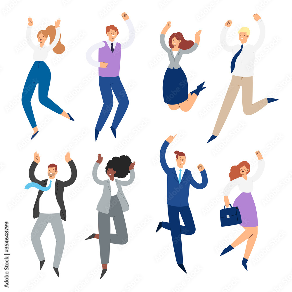 Set of business people jumping with raised hands in various poses. Happy office people cartoon characters. Office team, mix race collective workers, entrepreneurs. Success, winner, leadership concept Set of business people jumping with raised hands in various poses. Happy office people cartoon characters. Office team, mix race collective workers, entrepreneurs. Success, winner, leadership concept