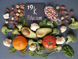 Food rich in potassium with the symbol K and atomic number 19. Natural products containing potassium, dietary fiber and minerals. Healthy sources of potassium.