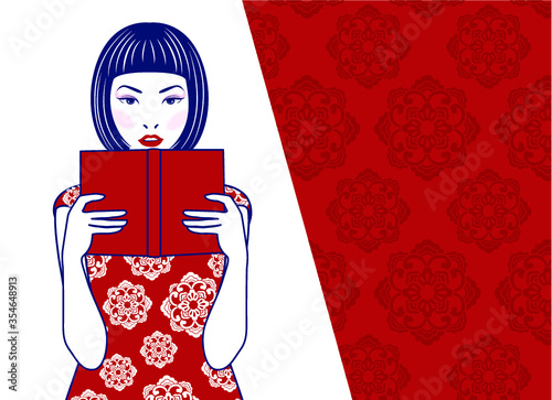 Vector of retro cute lady Chinese reading book with read  Chinese pattern on red background photo