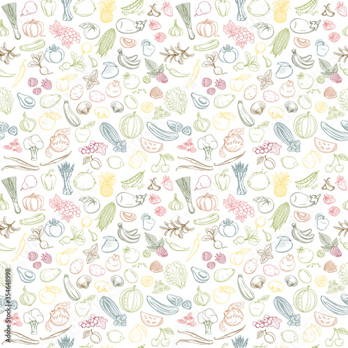 Seamless background pattern of organic farm fresh fruits and vegetables