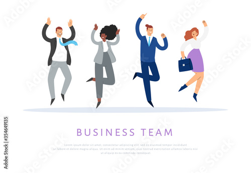 Set of business people jumping with raised hands in various poses. Happy office people cartoon characters. Office team, mix race collective workers, entrepreneurs. Success, winner, leadership concept