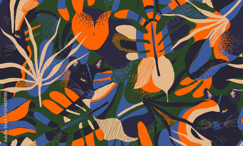 Creative jungle illustration pattern with pumas. Collage contemporary floral seamless pattern. Fashionable template for design.