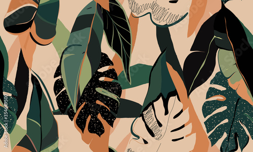 Modern exotic jungle plants illustration pattern. Creative collage contemporary floral seamless pattern. Fashionable template for design.
