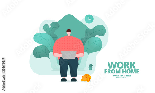 Young man use laptop at home. Work from home during outbreak of the coronavirus (COVID-19) disease. Concept for stay home on quarantine to avoid virus pandemic spreading. Vector illustrator.