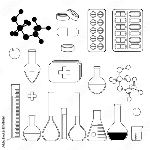 Set of vector icons for tablets and flasks. Molecules. Medical preparations in capsules, blisters. Chemistry. First aid.