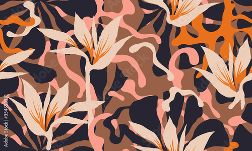 Abstract  jungle plants illustration pattern. Creative collage contemporary floral seamless pattern. Fashionable template for design.
