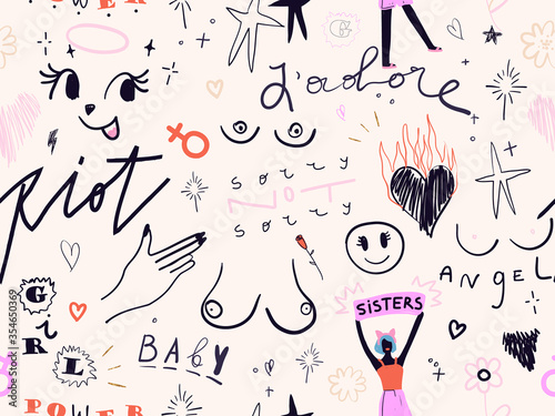 Trendy vector seamless pattern with hand-lettering phrases and feminist illustrations. "riot","angel","sorry not sorry", "j`adore", "girl power", "baby".