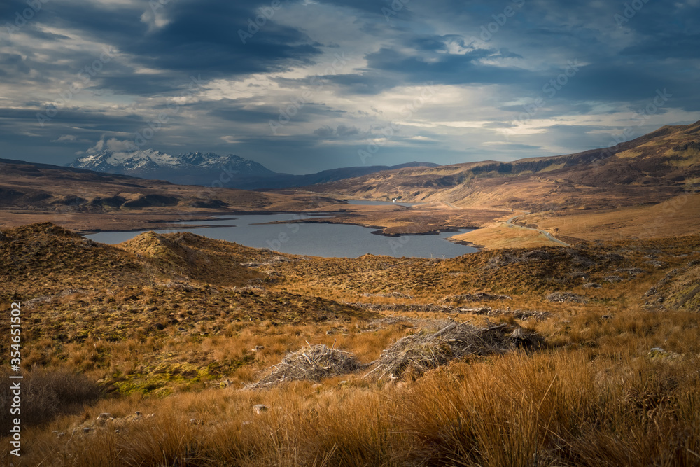 Beautiful landscape scenery on the old man of Storr the landmark in the area of Scottish Highlands