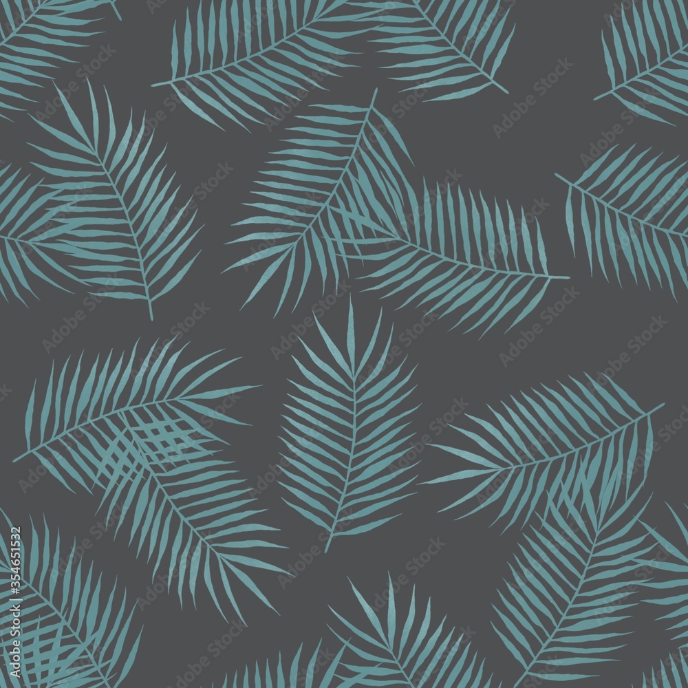 seamless pattern with blue palm leaves on a gray background. illustration with tropical leaves. floral background for printing on textiles, ceramics and use in design