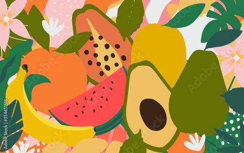 Mix of fruits colorful background vector illustration. Tropical fruit poster with banana, orange, lemon, pear, papaya, avocado and watermelon