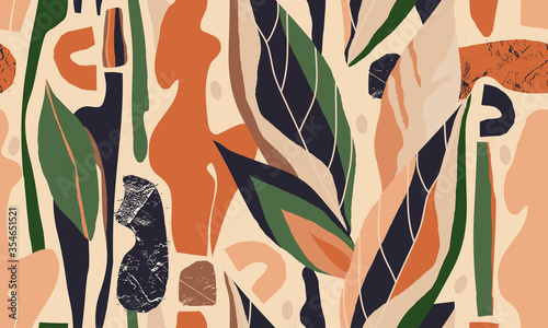 Hand drawn abstract pattern. Creative collage contemporary seamless pattern. Natural colors. Fashionable template for design.