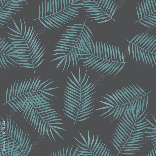 seamless pattern with blue palm leaves on a gray background. illustration with tropical leaves. floral background for printing on textiles, ceramics and use in design