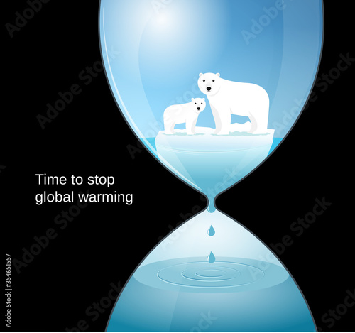 Polar bears on a melting ice floe inside an abstract water clock. "Time to stop global warming" poster concept. Climate change issue. Vector illustration.