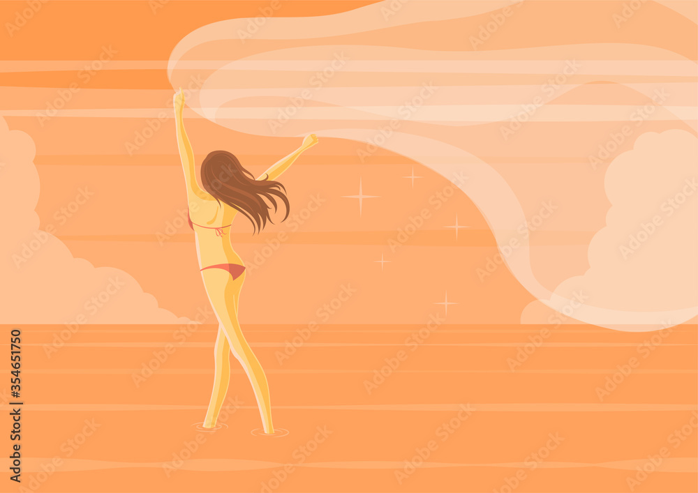 Sexy woman with bikini holding white transparent fabric and standing in sea water with orange evening sky in flat cartoon style