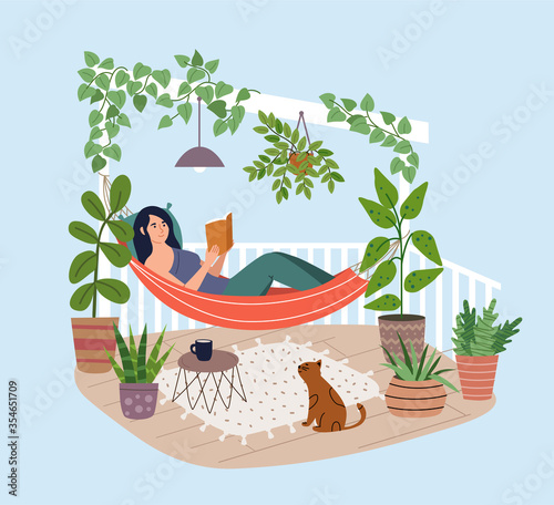 Young woman relaxing in hammock on the terrace. Girl reading book on the balcony. Home garden and cute exterior design. Modern illustration.