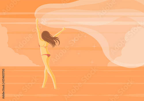 Sexy woman with bikini holding white transparent fabric and standing in sea water with orange evening sky in flat cartoon style