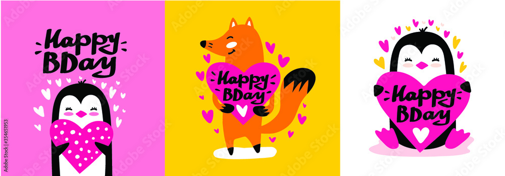 Happy birthday card with cute character penguin and fox with heart in paws. Vector element isolated on white.