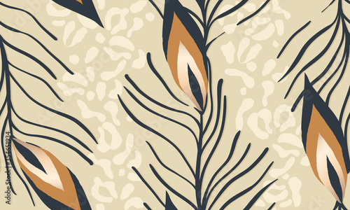 Exotic pattern with leopard skin and peacock feather. Creative contemporary seamless pattern. Fashionable template for design.