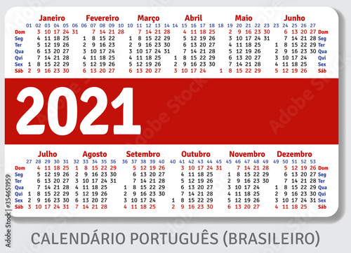 Portuguese (Brazilian) calendar grid for 2021 in the form of a pocket calendar or personal organizer, isolated on gray background, horizontal vector template
