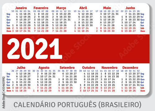 Portuguese (Brazilian) calendar grid for 2021 in the form of a pocket calendar or personal organizer, isolated on gray background, horizontal vector template