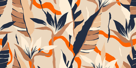 Deken met foto Beige patronen Modern exotic jungle plants illustration pattern. Creative collage contemporary floral seamless pattern. Fashionable template for design.  © MURRIRA