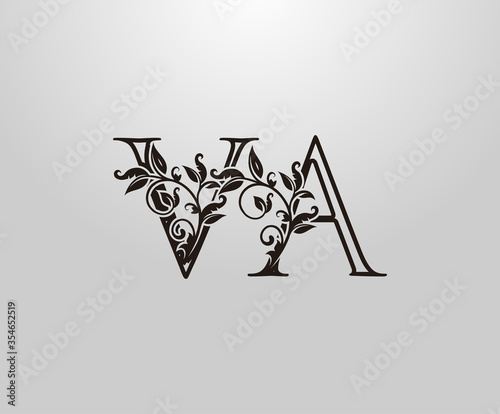 Vintage V, A and VA Letter logo. Graceful Floral Flower Alphabet Mark for letter stamp, weeding card, brand name, Restaurant, Boutique, Hotel.