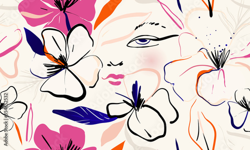 Feminine floral seamless pattern with girl face. Fashionable template for design. Soft feminine palette.