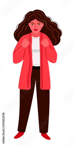 Furious woman expressing anger, aggression, discontent, irritation, with red face and clenched fists. Portrait of a stressful woman with disheveled hair. Vector illustration.