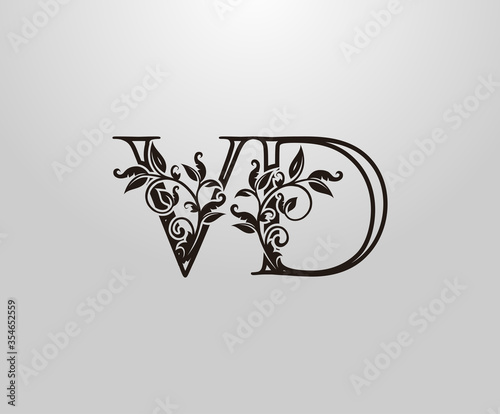Vintage V, D and VD Letter logo. Graceful Floral Flower Alphabet Mark for letter stamp, weeding card, brand name, Restaurant, Boutique, Hotel.