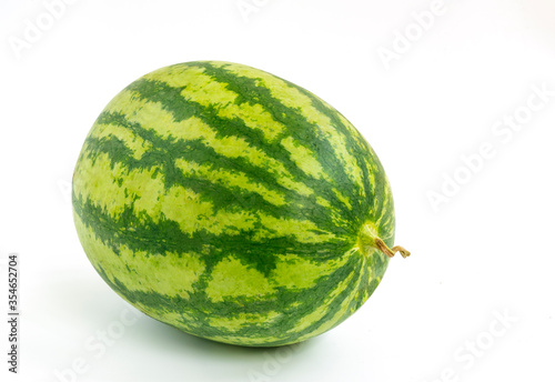 Close up watermelon, isolated whole watermelon on white background. Beautiful skin of organic watermelon.