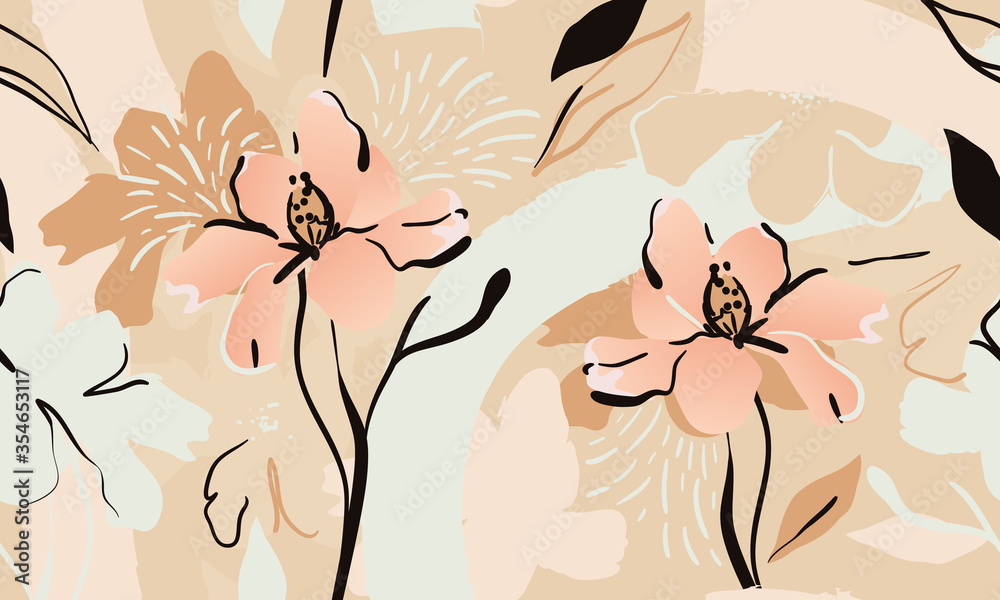 Foto auf Acrylglas mit Schönes zeitgenössisches nahtloses mit Blumenmuster. Modische Vorlage für Design. Weiche feminine Palette. #354653117