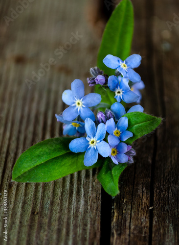 Flowers of red  white and blue lie on an old wooden surface.