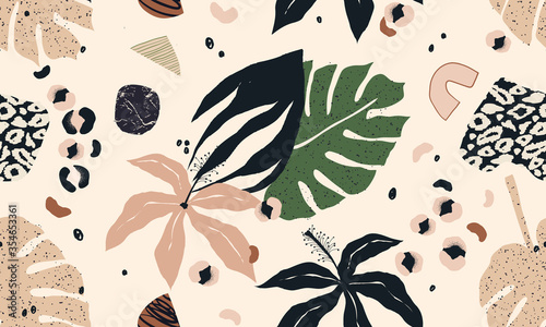 Hand drawn abstract jungle pattern with leopard print. Creative collage contemporary seamless pattern. Natural colors. Fashionable template for design.