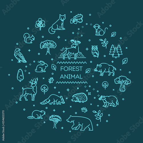 Vector. Set of linear vector forest animals