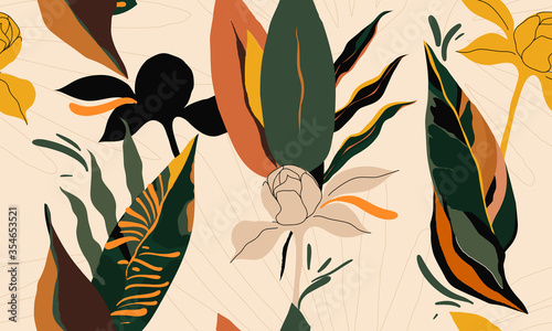 Hand drawn abstract floral pattern. Creative collage contemporary seamless pattern. Natural colors. Fashionable template for design.